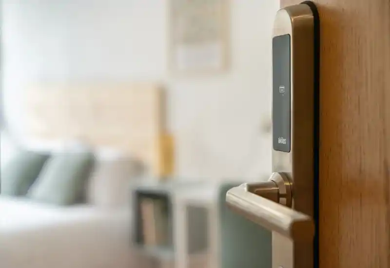 Une chambre moderne aperçue par une porte ouverte avec mise au point sur la serrure électronique ; le lit et les textiles sont visibles en arrière-plan sous une lumière douce, créant une ambiance calme et accueillante.
