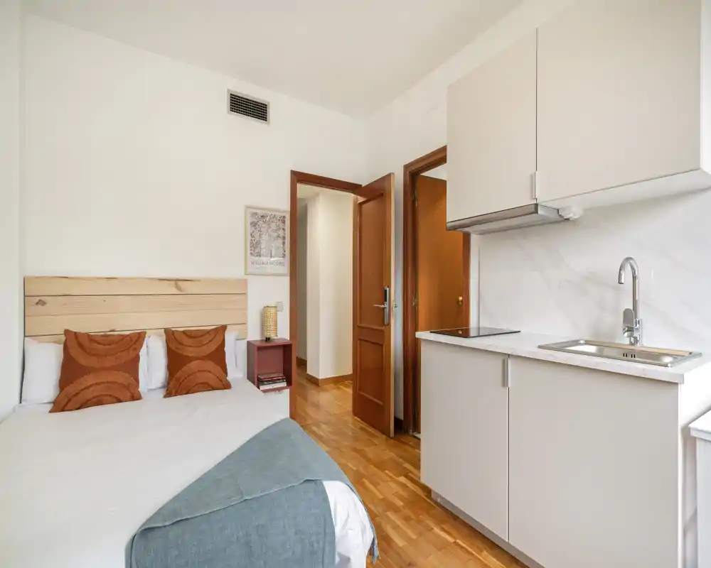 Monolocale luminoso e compatto con letto matrimoniale comodo, pavimenti in legno caldi e una piccola cucina integrata—ideale per viaggiatori singoli o coppie in cerca di un soggiorno accogliente in città.