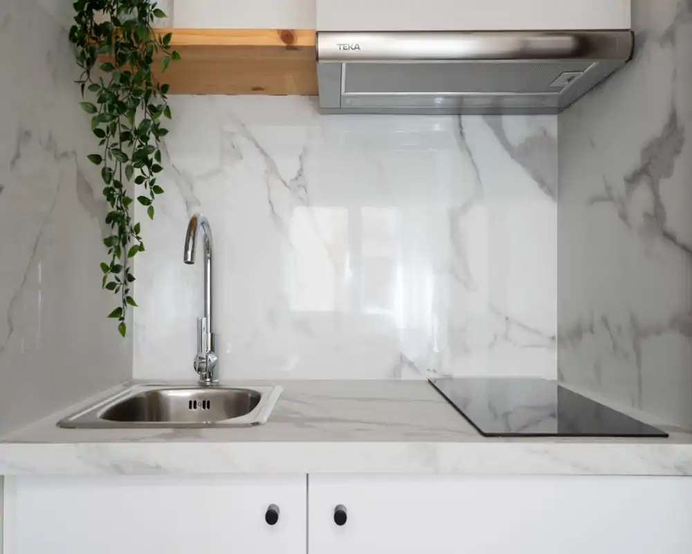 Cucina compatta e moderna con lavello in acciaio, piano a induzione e superfici effetto marmo; luminosa, minimal e decorata con una pianta sospesa.