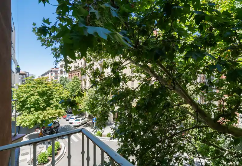 Balcón soleado con vistas a una calle arbolada, el follaje aporta privacidad y una agradable vista urbana.
