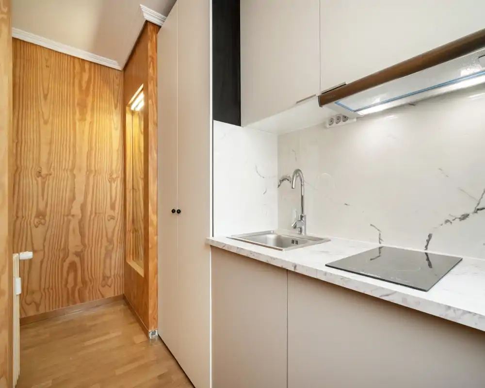 Compact modern kitchenette with a marble-effect countertop and backsplash, integrated sink and induction hob, and light wood flooring creating a clean, functional space.