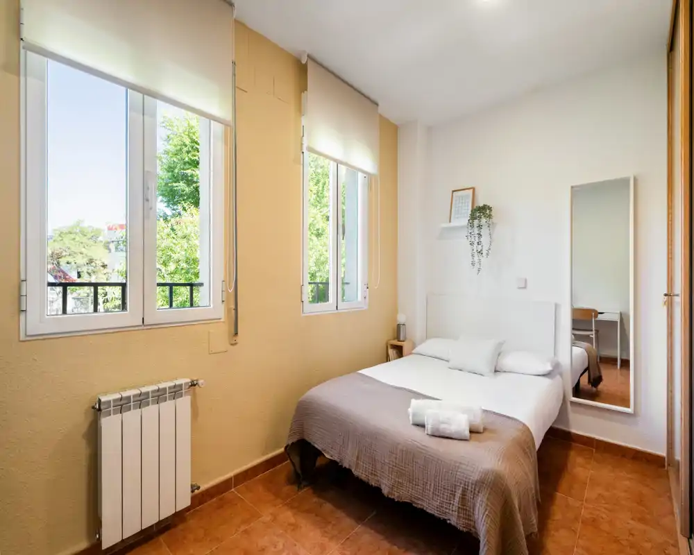 Chambre lumineuse et bien aménagée avec lit double, lumière naturelle par deux fenêtres, table de chevet et miroir en pied — idéale pour une annonce accueillante.