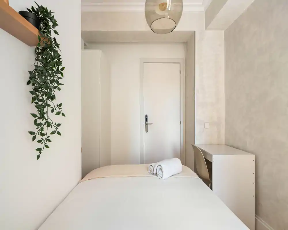 Bright, minimal single bedroom with a neatly made bed, desk, wardrobe and tasteful plant accents — ideal for a clean, modern rental.