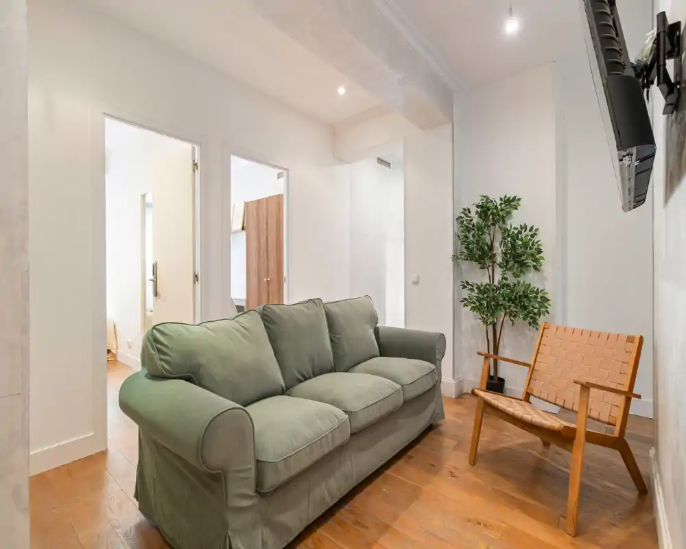 Bright, well-styled living room with a comfortable three-seater sofa, woven wooden armchair and potted plant on warm wood floors — ideal for relaxing or entertaining.