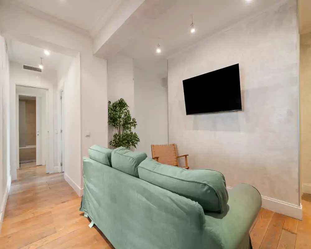 Comfortable small living room with a green sofa facing a wall-mounted TV, wooden floors and soft neutral walls; a single armchair and a potted plant add warmth to the layout.