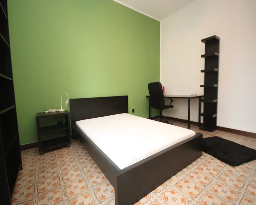 Chambre simple et bien composée avec un lit double, une table de chevet, un bureau et des étagères sur un mur vert; mobilier sombre et sol à motifs pour un rendu moderne et soigné.