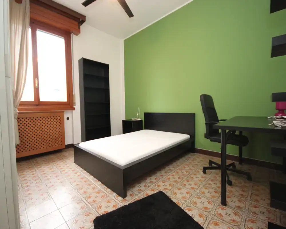 Chambre lumineuse et meublée simplement avec lit, bureau et étagères sur un mur vert — idéale pour un étudiant ou une personne seule.
