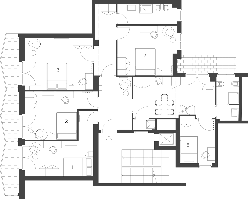 Top-down architectural floor plan of an apartment showing rooms, furniture layout, and balconies — a planimetry drawing useful for listings and space planning.