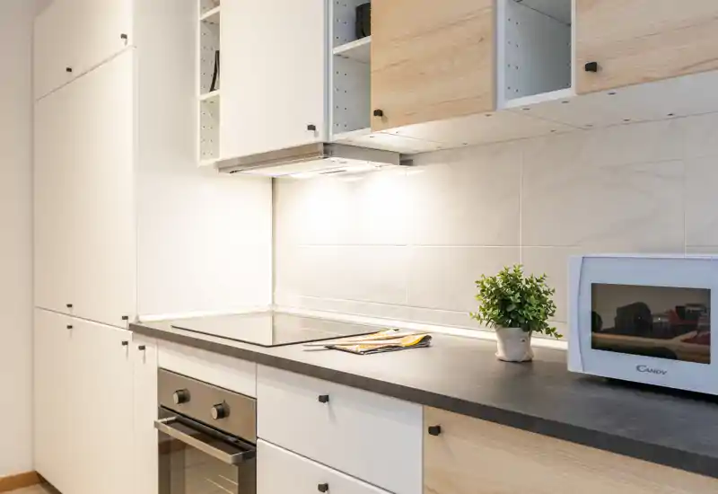 Modern fitted kitchen with induction hob, built-in oven and microwave on the countertop; bright, clean surfaces and a small decorative plant.