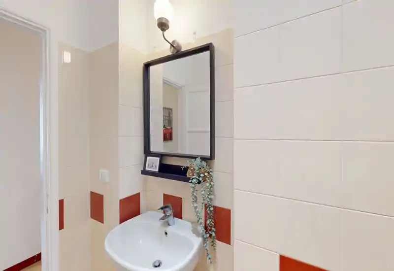 Angolo bagno compatto e ben illuminato con lavabo bianco a muro, specchio con cornice nera e pianta decorativa che scende accanto al lavabo.