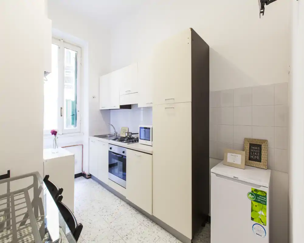 Cucina compatta e luminosa con mobili bianchi, forno incassato e piano cottura a gas, piccolo frigorifero e finestra che illumina l'ambiente.