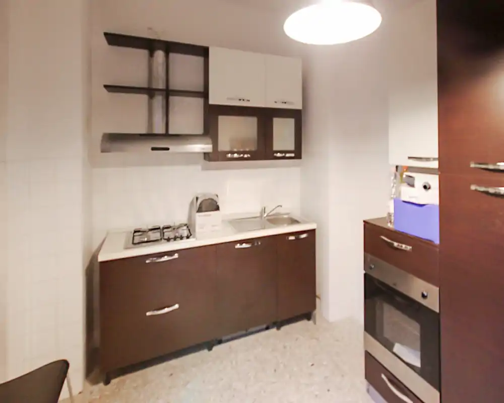 Cocina compacta y moderna con muebles de madera oscura, horno empotrado y placa de gas, fregadero de acero inoxidable y campana; ideal para alquileres vacacionales.