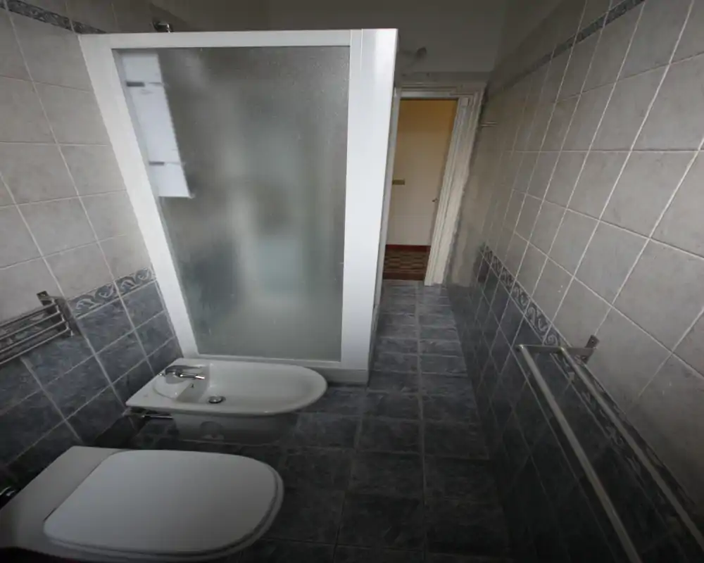 Piccolo bagno piastrellato con box doccia, WC e bidet; piastrelle grigio-blu neutre e parete doccia satinata per maggiore privacy.
