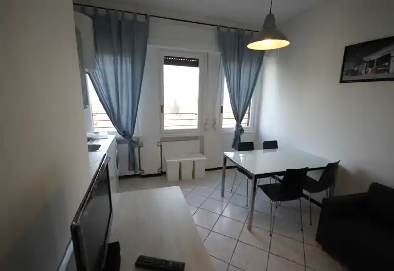 Bright, compact living/dining area with a table and chairs near windows, light curtains and a small seating area — ideal for a cozy urban apartment.