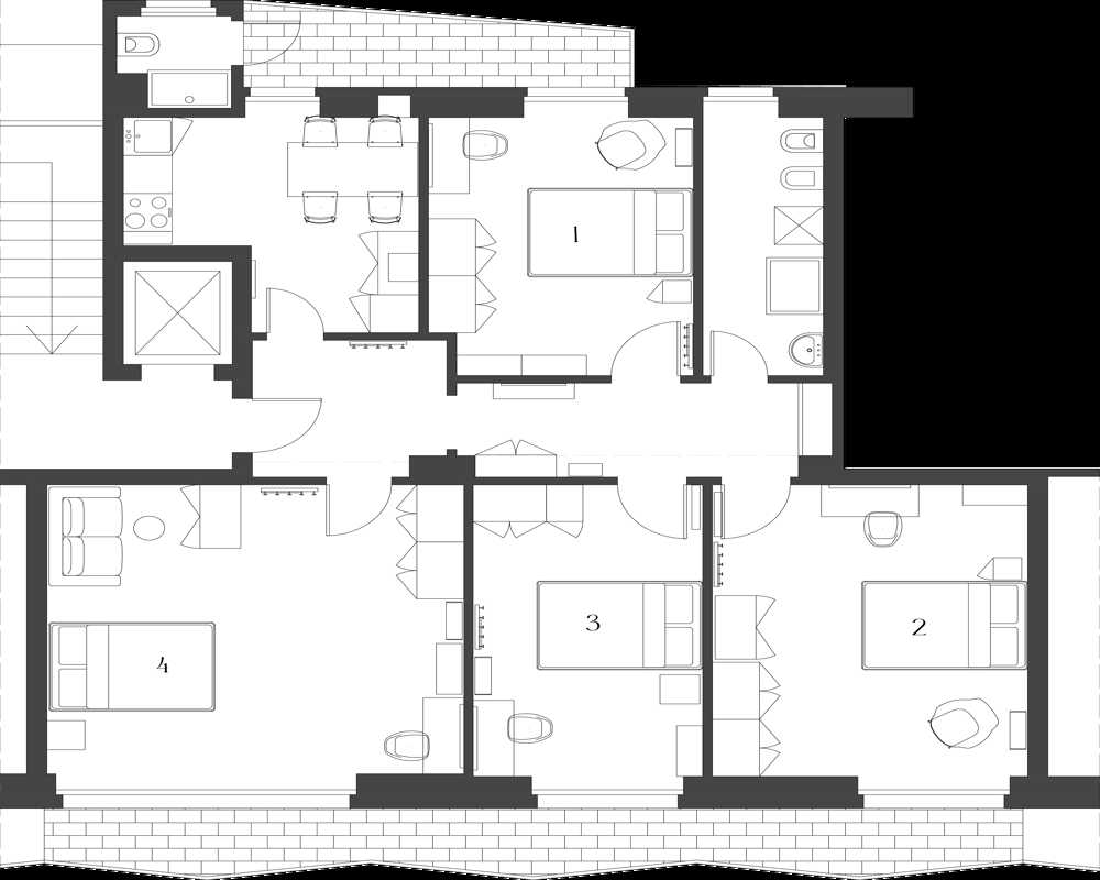 Plan architectural (planimétrie 2D) montrant la disposition de l'appartement avec chambres numérotées, espaces de vie, cuisine et salles de bains — adapté à la visualisation du plan dans l'annonce.