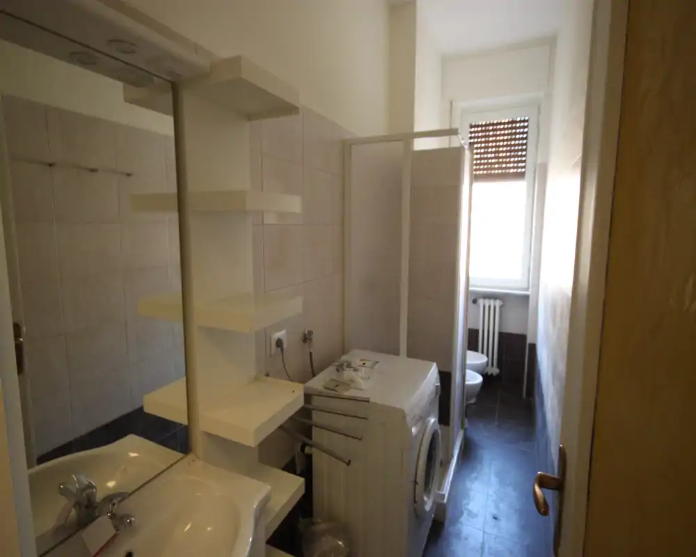 Compact bathroom with sink, mirror, shower enclosure and washing machine; natural light from a window brightens the space.