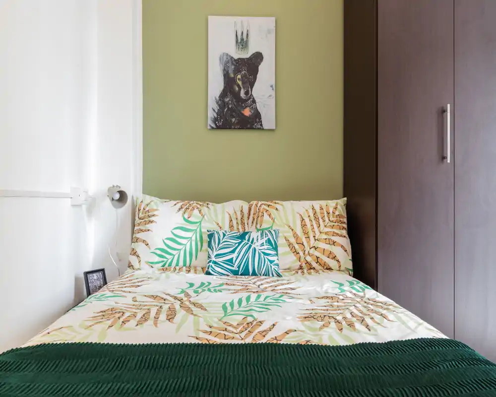 Chambre lumineuse et bien décorée avec lit double, linge de lit à motif botanique, coussins décoratifs et placard encastré sur le côté — idéale pour une annonce.