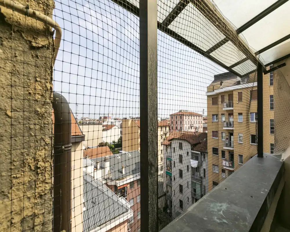 Balcony view protected by a safety mesh, overlooking neighboring apartment buildings and rooftops — good natural light and urban panorama.