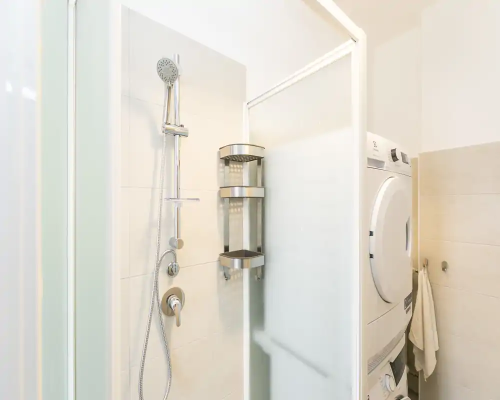 Compact modern bathroom with a glass shower, wall-mounted showerhead and a stacked washer-dryer unit visible next to the shower.