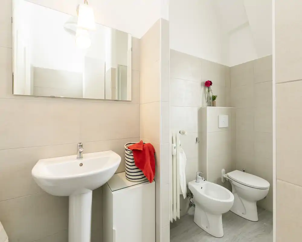 Bright, modern bathroom with pedestal sink, bidet and toilet. Neutral tiles and a large mirror create a clean, airy feel.