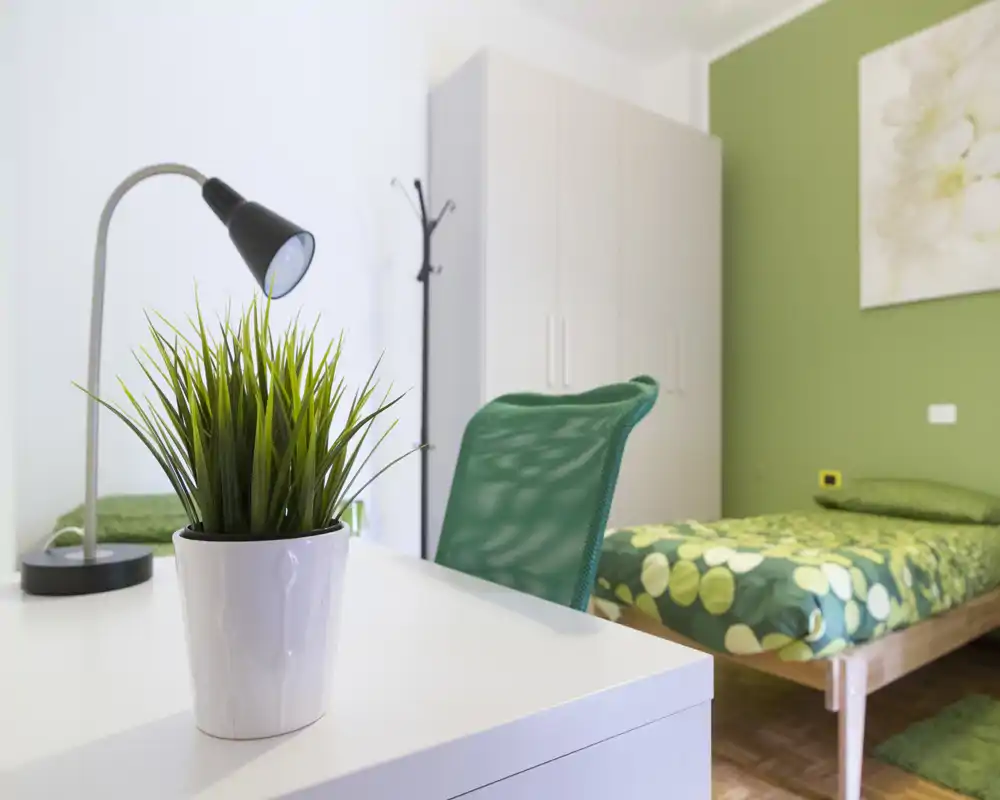 Chambre simple lumineuse et soignée avec bureau au premier plan, literie verte et armoire – idéale pour étudiant ou location courte durée.