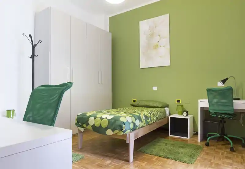 Chambre individuelle lumineuse et bien rangée avec couette verte à motifs, tapis assortis et coin bureau — idéale pour un étudiant ou une personne seule.