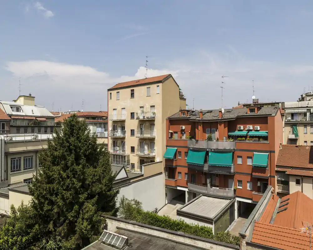 Vista cittadina da un edificio che guarda i palazzi vicini con dettagli dei tetti e un grande albero in primo piano; luce diurna piacevole e cielo limpido.