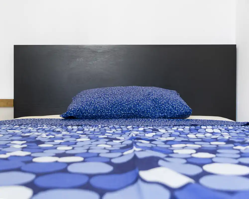 Camera da letto luminosa e minimalista con letto ben rifatto, biancheria blu a fantasia e testata scura; composizione pulita ideale per un annuncio.