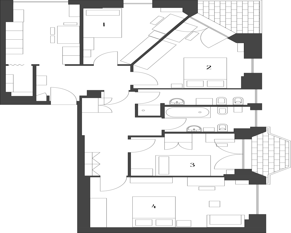 Architectural floor plan (planimetry) showing a multi-room apartment layout with numbered rooms, doors, windows and bathroom fixtures.