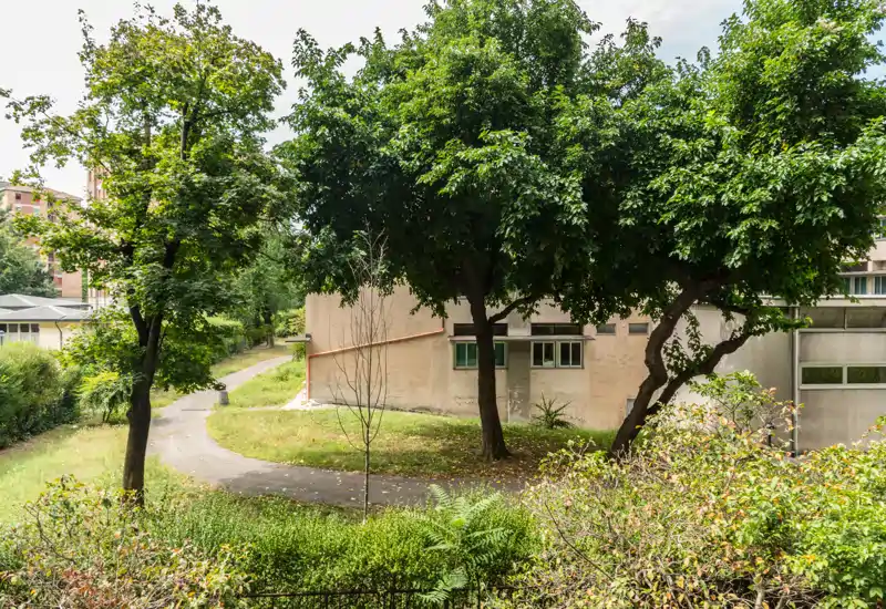 Small communal green area with mature trees, a paved walking path and low shrubs — pleasant outdoor space visible from ground-floor windows.