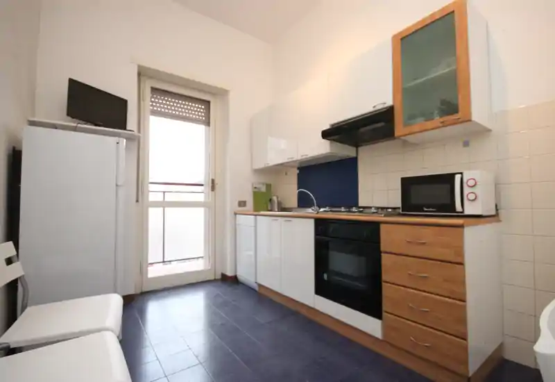 Bright, compact kitchen with full set of appliances, including oven, stovetop, microwave and refrigerator; natural light from a door to a balcony makes the space airy and practical for short-term rentals.