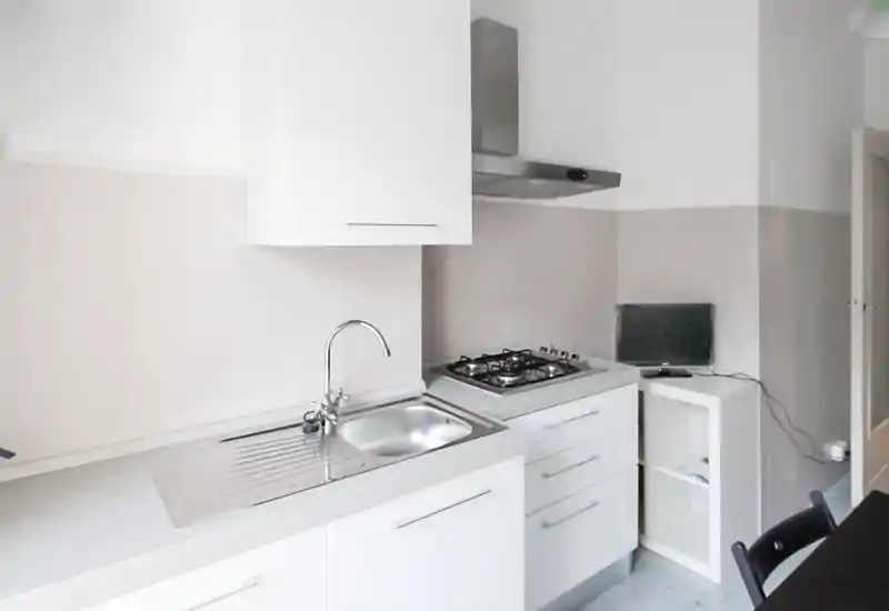 Cocina compacta y luminosa con fregadero de acero, cocina de gas y muebles blancos de estilo limpio y minimalista.