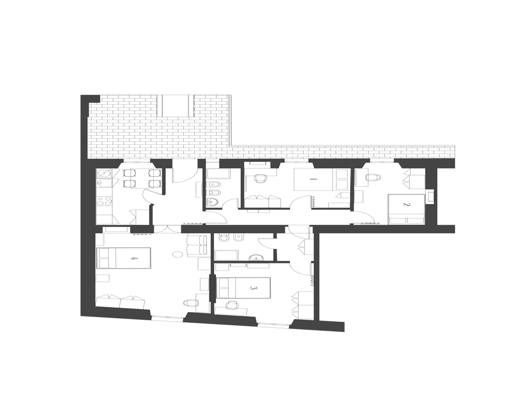 Pianta architettonica su sfondo nero che mostra l'intero layout dell'appartamento con stanze, sanitari, cucina e una terrazza — una planimetria utile per annunci e panoramica delle superfici.