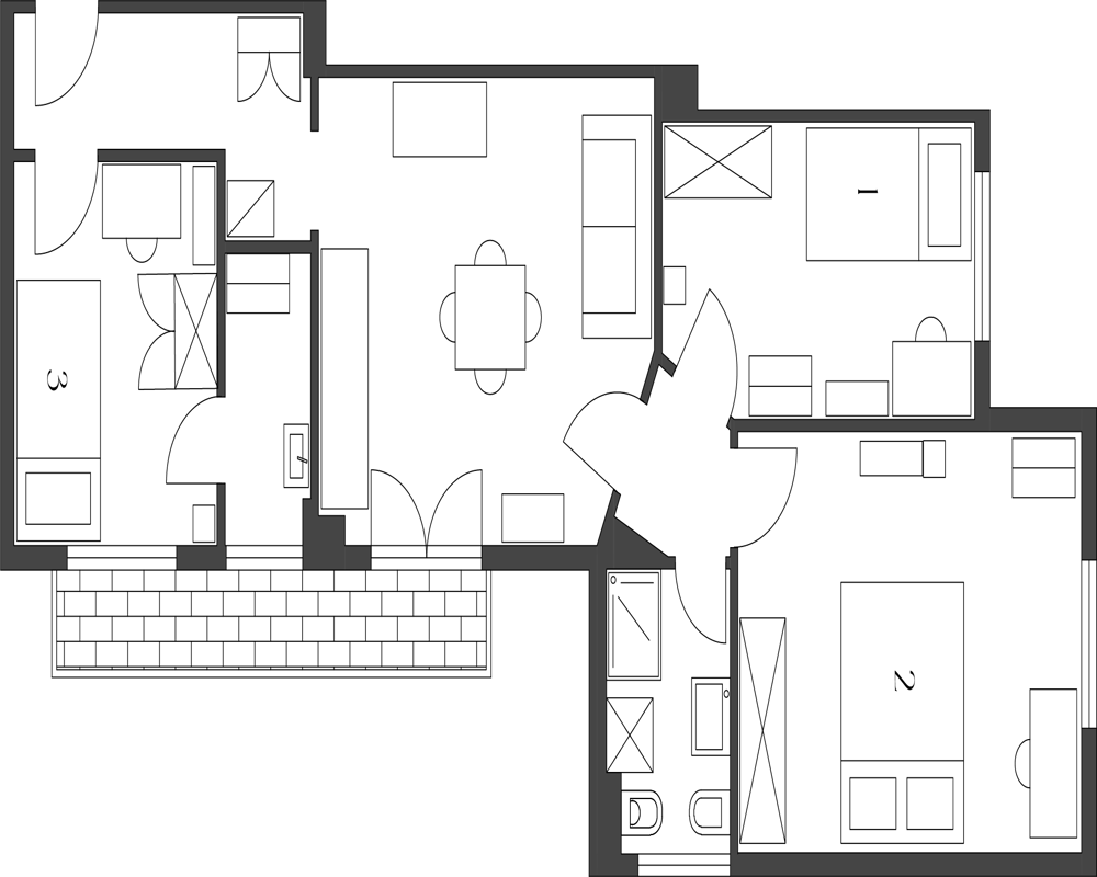Pianta dall'alto dell'appartamento con disposizione delle stanze, arredi disegnati e percorsi di circolazione — utile per comprendere la distribuzione e le dimensioni.