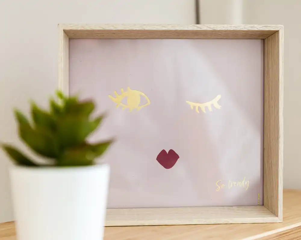 Close-up of a framed decorative print with a small potted succulent in the foreground; the photo focuses on decor rather than a specific room.