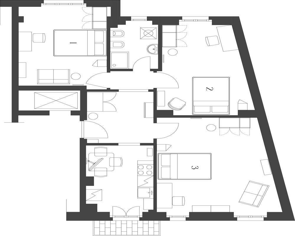 Detailed black-and-white floor plan (2D planimetry) showing layout of multiple rooms including labelled bedrooms, bathroom, kitchen and living areas.