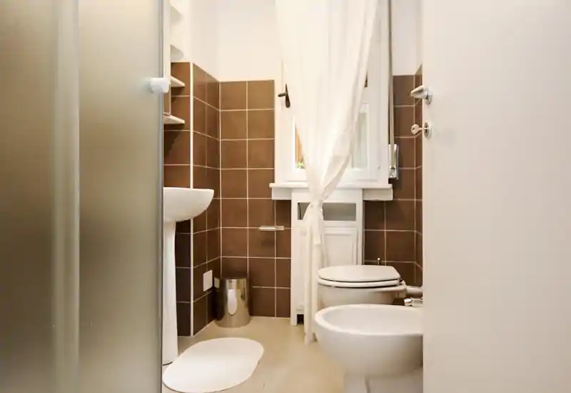 Bright, modern bathroom with white sanitary fixtures, a pedestal sink, bidet and toilet, and brown tiled walls. A frosted glass shower door and a tied white curtain frame the window for privacy.