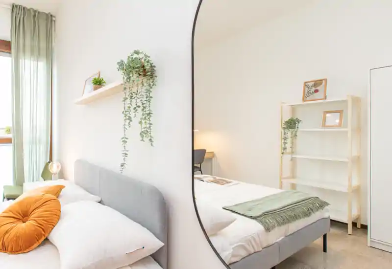 Bright, modern bedroom with a comfortable grey upholstered bed, soft white linens, a decorative round cushion and hanging plant. Large mirror and natural light create a spacious, stylish feel ideal for rental photos.