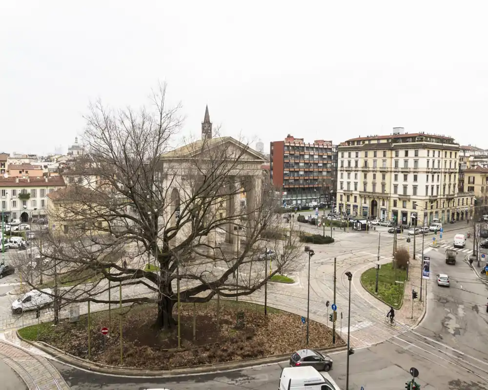 Vista su una rotonda urbana e una piazza con un grande albero spoglio ed edifici storici, vista da una finestra elevata — giornata luminosa ma nuvolosa, visibili strada e binari del tram.
