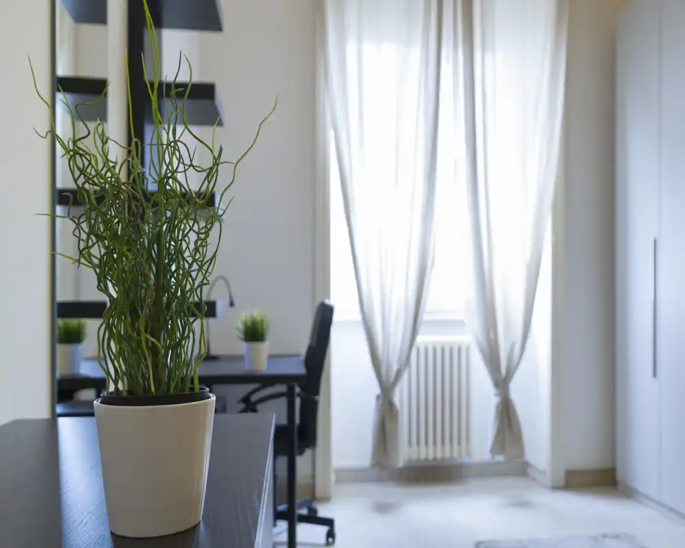 Angolo di camera luminoso e minimale con tende leggere, armadio e una piccola scrivania; piante in vaso decorative donano un tocco di freschezza.