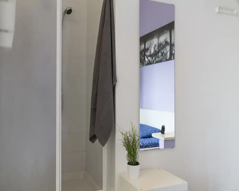 Angolo bagno compatto con doccia piastrellata, asciugamano appeso e specchio stretto che riflette parte della camera adiacente; pulito, luminoso e minimal.