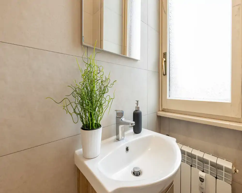 Area lavabo bagno luminosa e moderna con gruppo lavabo bianco, rubinetto cromato, dispenser per sapone e una piccola pianta in vaso accanto a una finestra opaca.