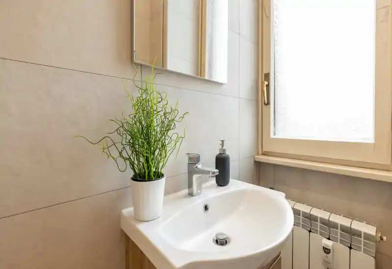 Area lavabo bagno luminosa e moderna con gruppo lavabo bianco, rubinetto cromato, dispenser per sapone e una piccola pianta in vaso accanto a una finestra opaca.