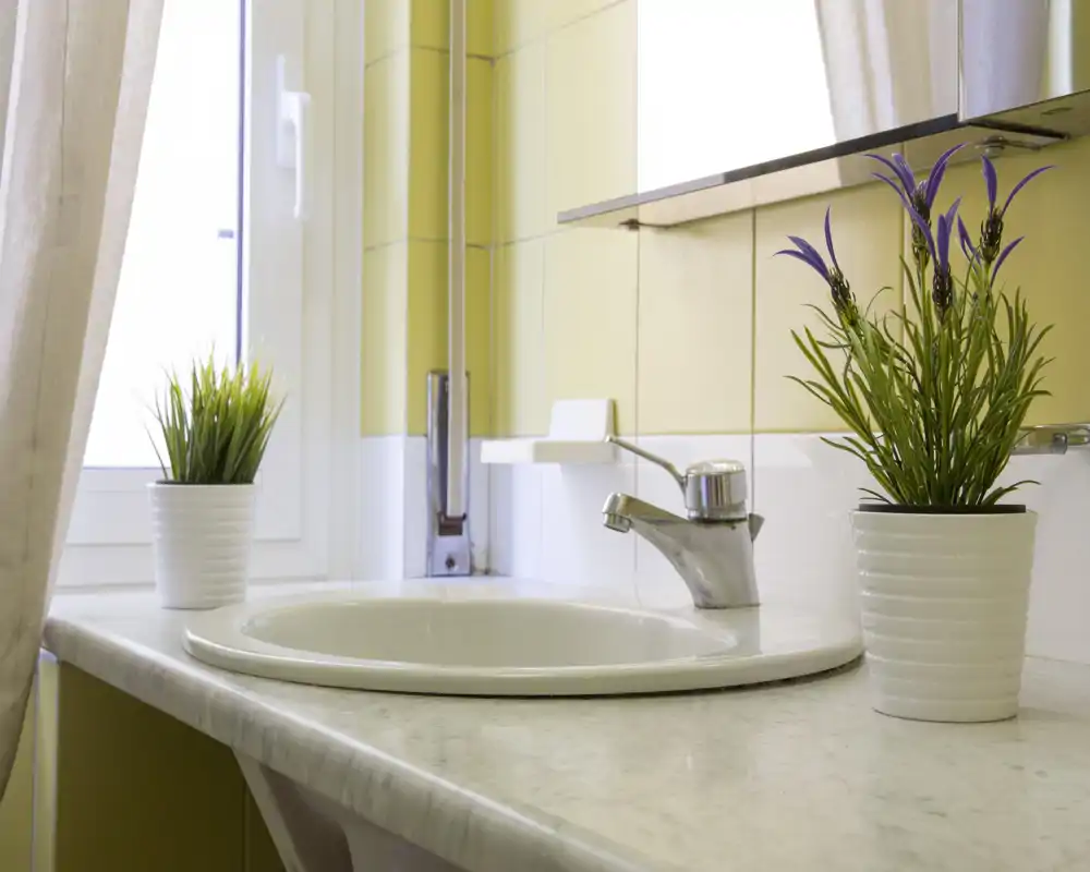 Lavabo de baño luminoso y limpio con grifo monomando, encimera efecto mármol y plantas decorativas junto a la ventana.