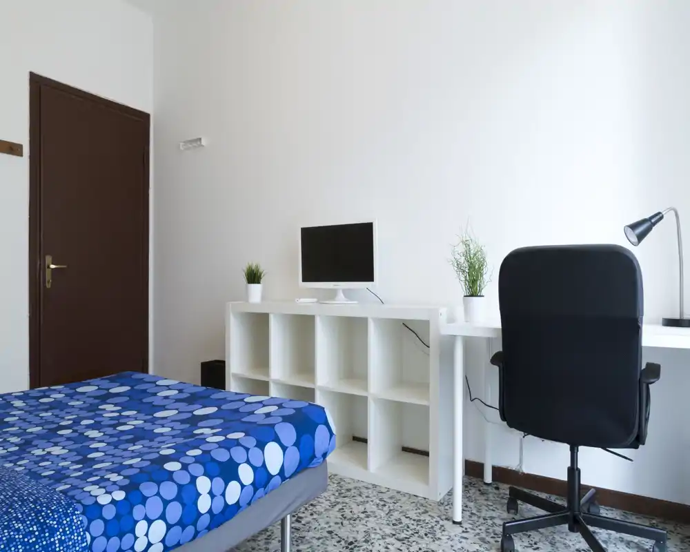Bright, minimalist bedroom with a patterned blue bedspread, white shelving and a study desk with chair — ideal for a single occupant or student.