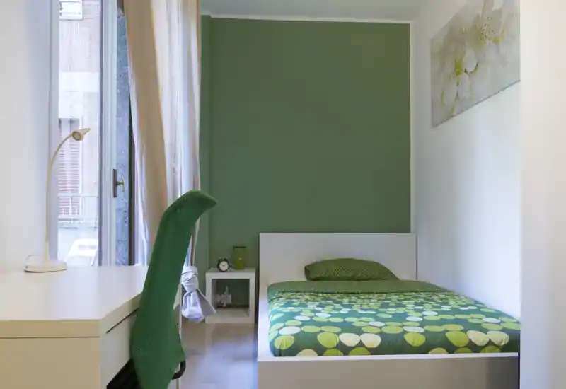 Camera singola moderna e luminosa con parete verde e biancheria a motivo. La stanza dispone di una scrivania vicino alla finestra, un comodino con lampada e una comoda singola, perfetta per studenti o viaggiatori.