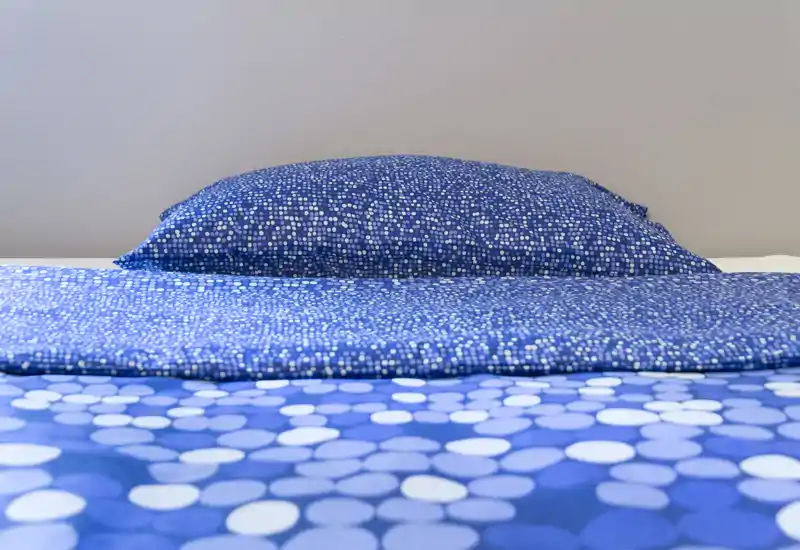 Close-up of a neatly made bed with blue patterned bedding and a matching pillow; simple neutral wall and clean composition create a calm sleeping area.