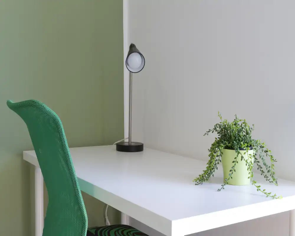 Angolo studio luminoso e minimal con scrivania bianca, sedia verde in rete, lampada da tavolo e pianta in vaso: ideale come postazione di lavoro compatta.