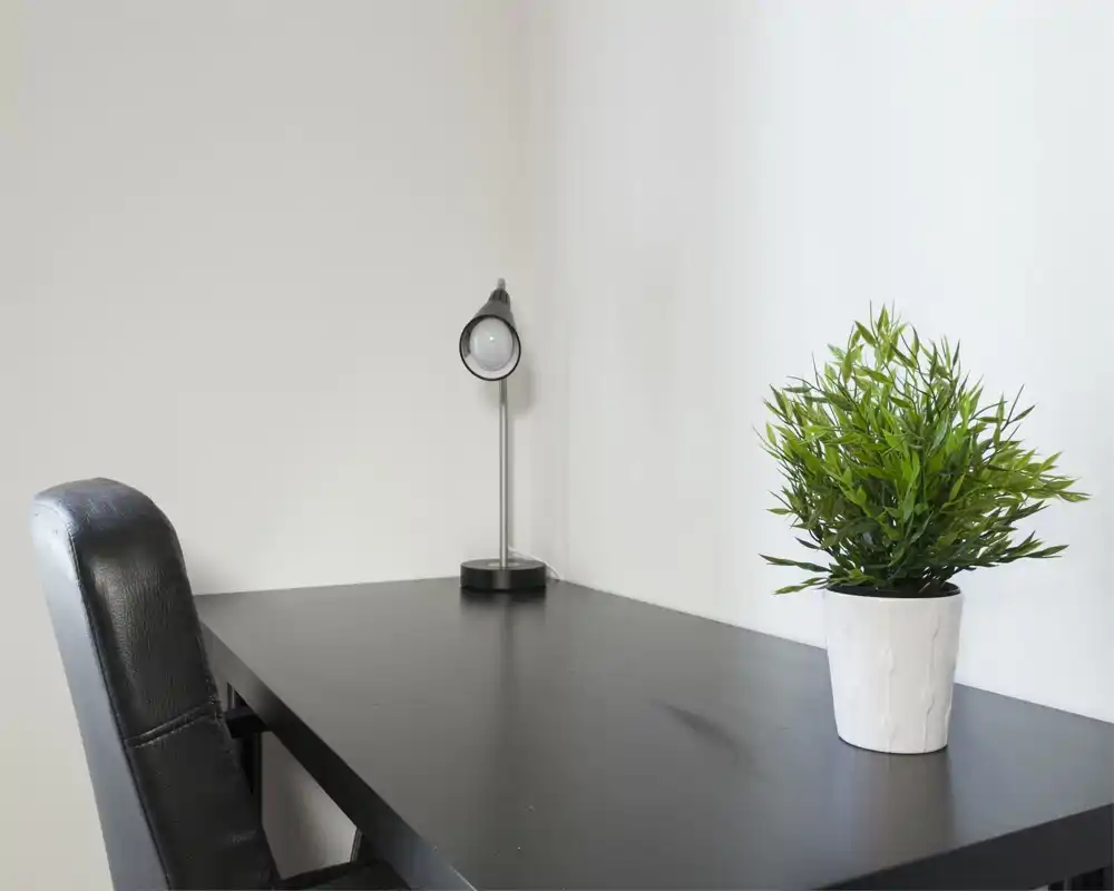 Rincón de escritorio luminoso y minimalista con mesa negra, lámpara de trabajo y planta en maceta — un espacio bien iluminado para estudiar o teletrabajar.
