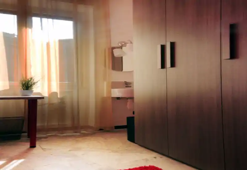 Bright bedroom corner with a large wardrobe, soft curtains and warm natural light; a red rug and potted plant add cozy accents.